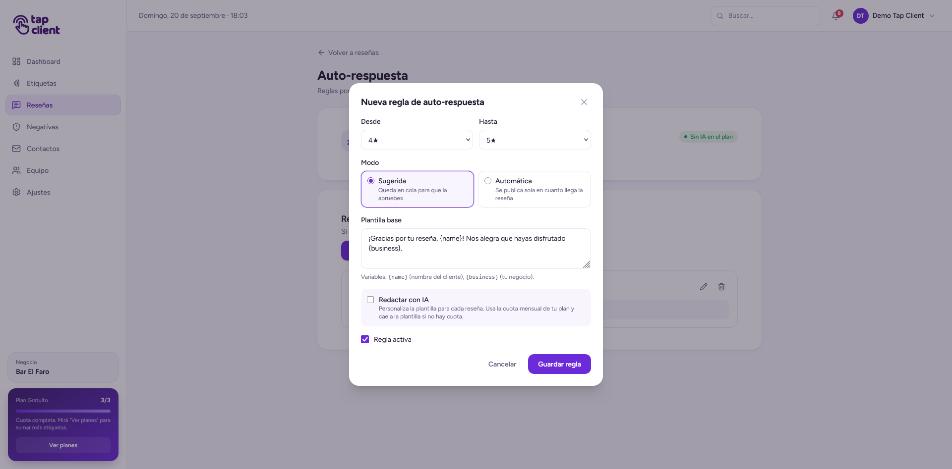 Modal de nueva regla de auto-respuesta