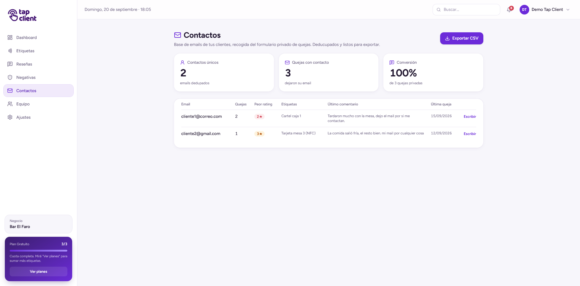Base de contactos con export CSV
