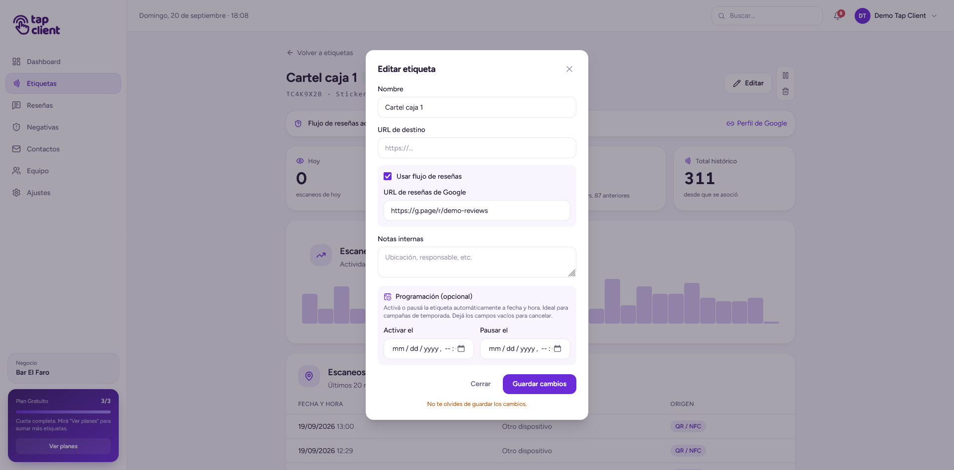 Modal para editar etiqueta con destino, reseñas y programación