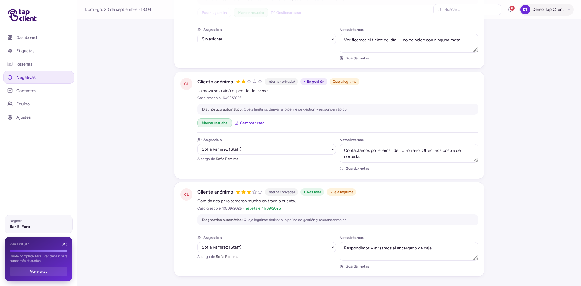 Casos con asignación y notas internas
