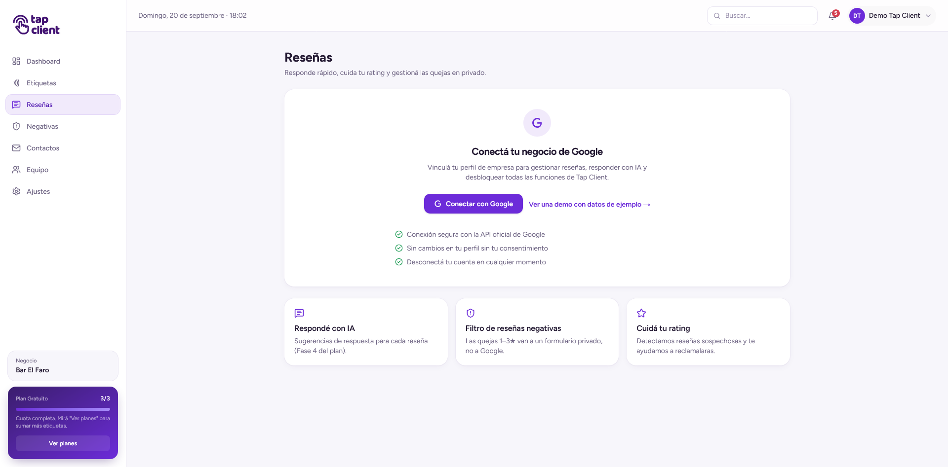 Pantalla para conectar el negocio de Google